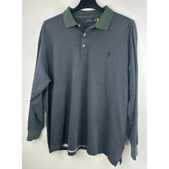 *Flawed Polo Ralph Lauren Soft Cotton Long Sleeve Polo Shirt Geometric Men's 2XB - Picture 2 of 11